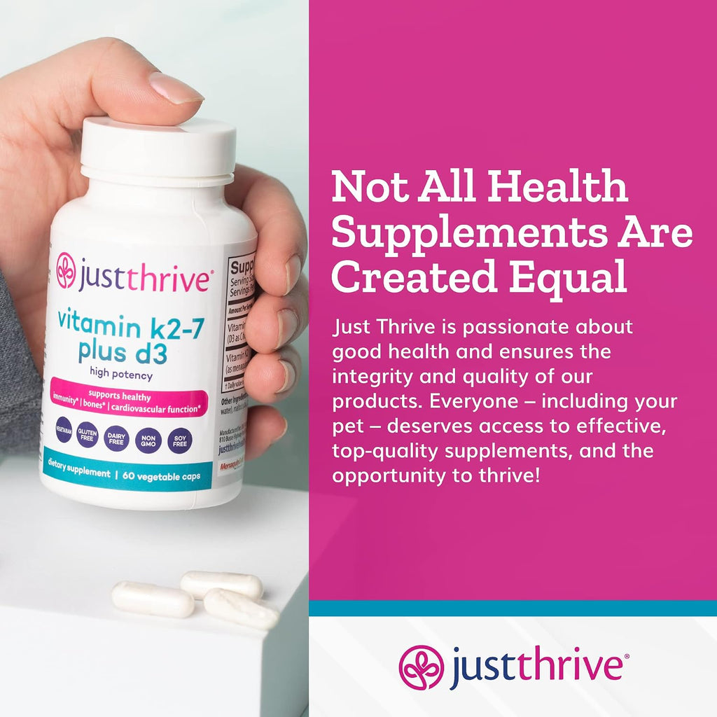 Just Thrive Vitamina K2 MK-7 Más D3 - Suplemento para la Inmunidad, Corazón y Huesos, 60 Cápsulas Vegetales