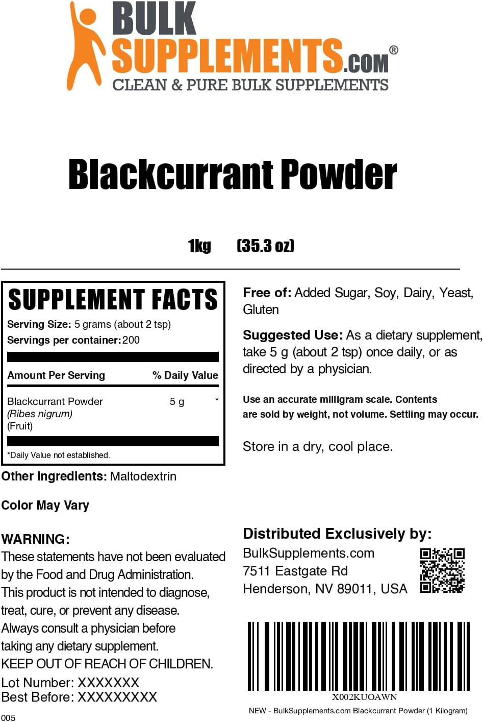 BulkSupplements Polvo de Grosella Negra - Superalimento, Secado al Aire, Sin Gluten, 1 kg