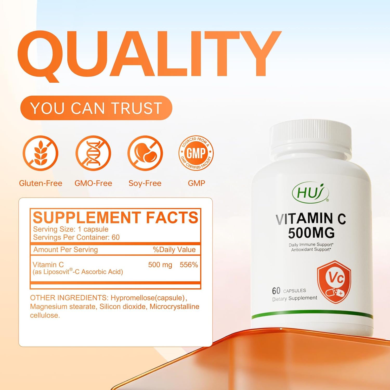HUJ Vitamina C 500mg, Apoyo Inmunológico y Antioxidante, 60 Cápsulas