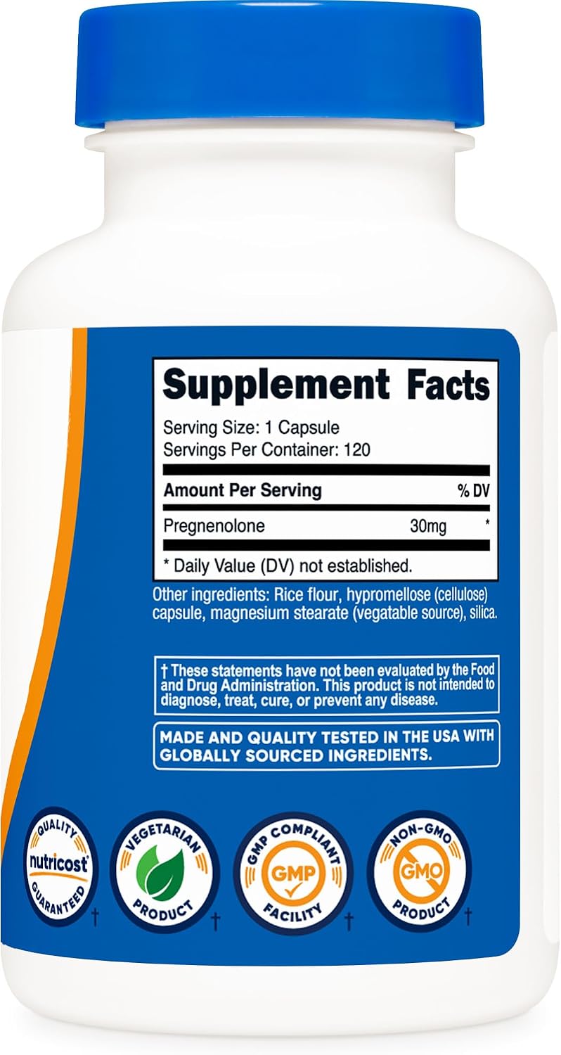 Nutricost Pregnenolona 30mg, 120 Cápsulas - No Transgénico, Sin Gluten, Cápsulas Vegetales