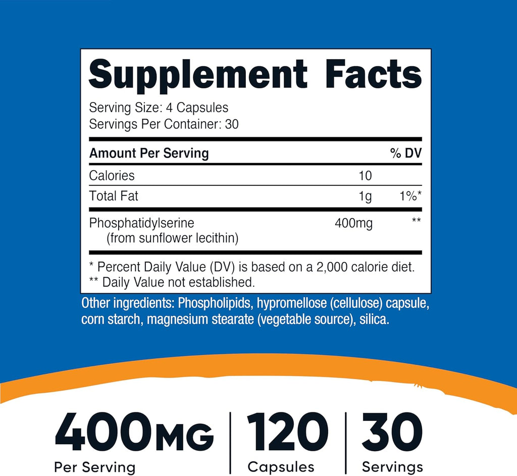 Nutricost Fosfatidilserina 400 mg, 120 Cápsulas - Sin Soja, 30 Dosis, Vegetariano, Sin OGM, Sin Gluten