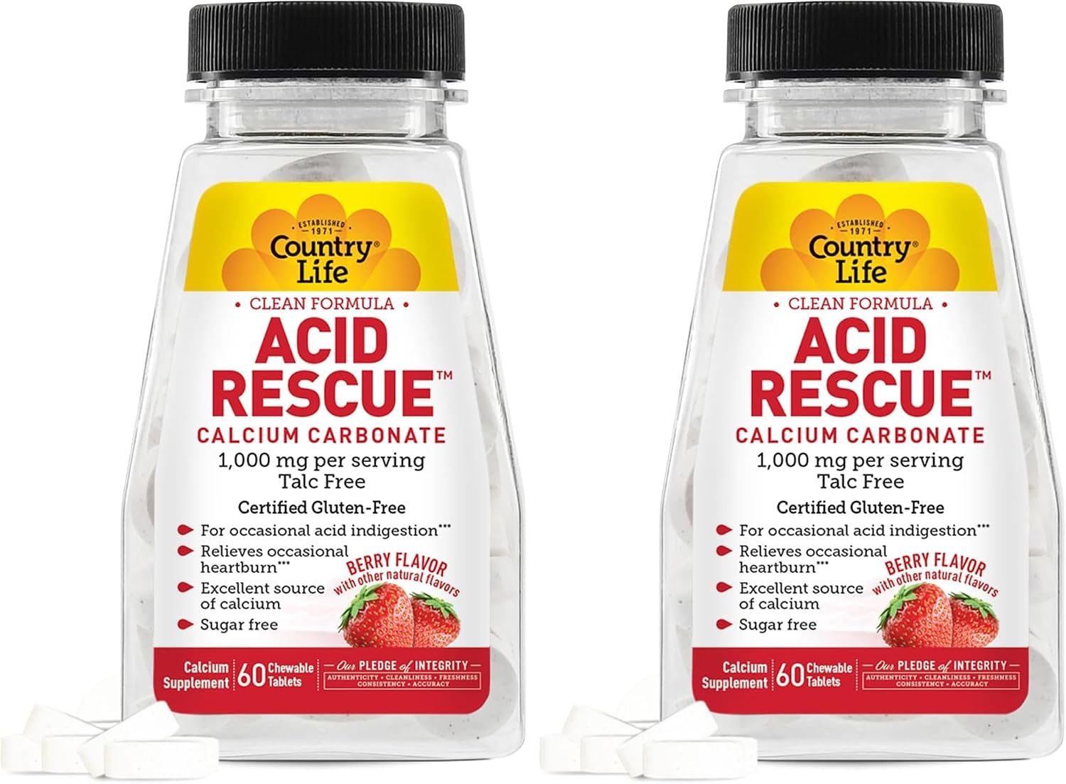 Country Life Acid Rescue Comprimidos Masticables - Alivio Rápido de la Acidez, 400mg Calcio y Magnesio, Vegano, Sin Gluten, 8 Envases (112 tabletas)
