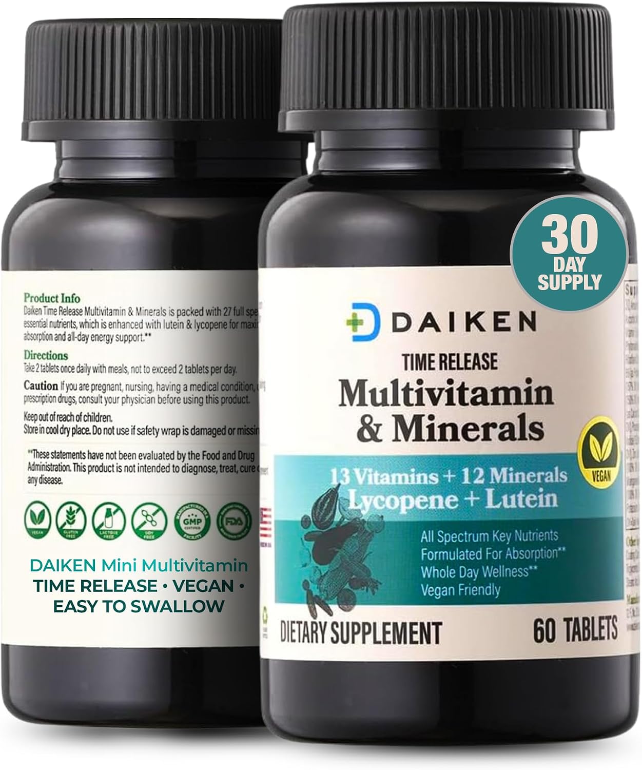 DAIKEN Mini Multivitamin, 60 Tablets, Enhanced with Lutein, Lycopene & Folic Acid, Time Released Multivitamin for Women & Men, Vegan & Easy to Swallow