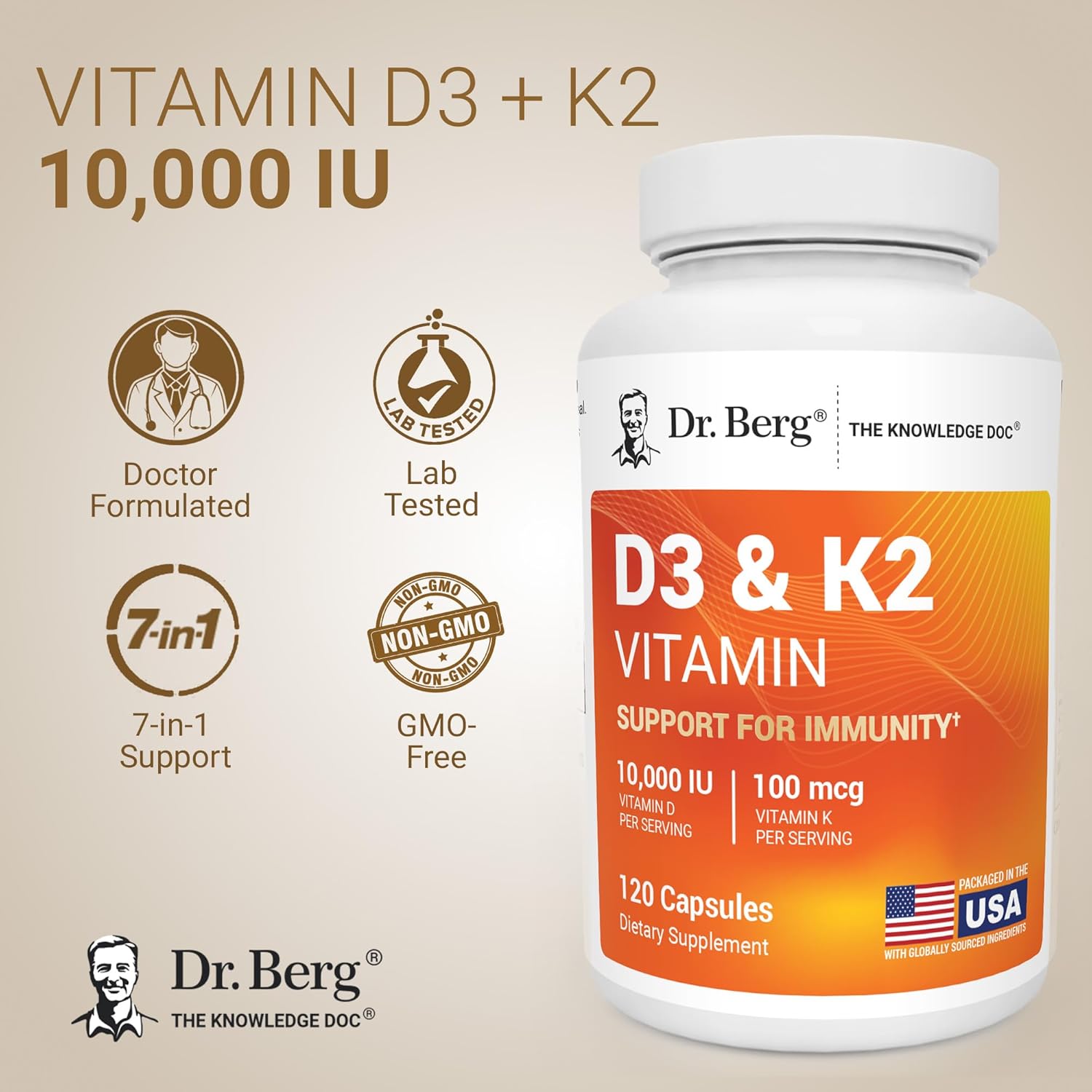 Dr. Berg Maximum Strength 7-in-1 Vitamin D3 K2 10,000 IU - 120 Capsules