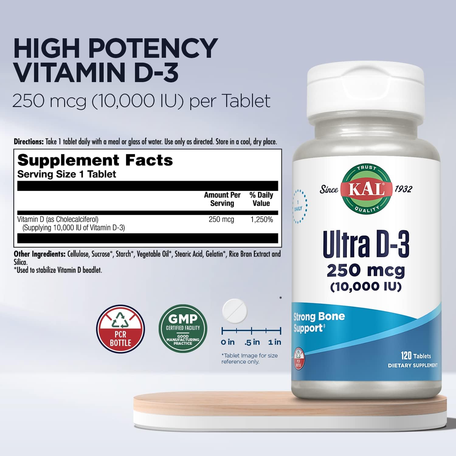 KAL Ultra Vitamina D3 10000 UI, 120 Comprimidos de Alta Potencia
