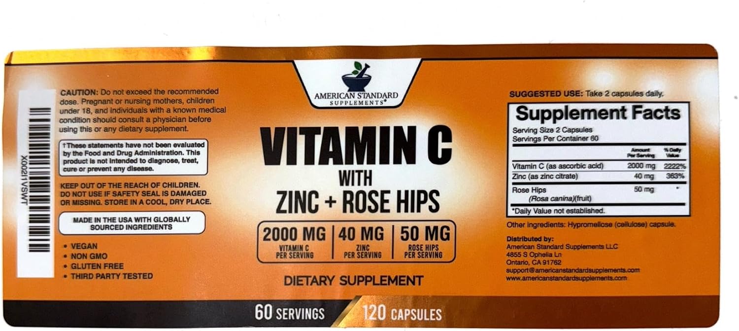 American Standard Supplements Vitamina C 2000mg, Zinc 40mg y Escaramujo 50mg por dosis, Vegano, Sin Gluten, No-GMO (120 cápsulas)
