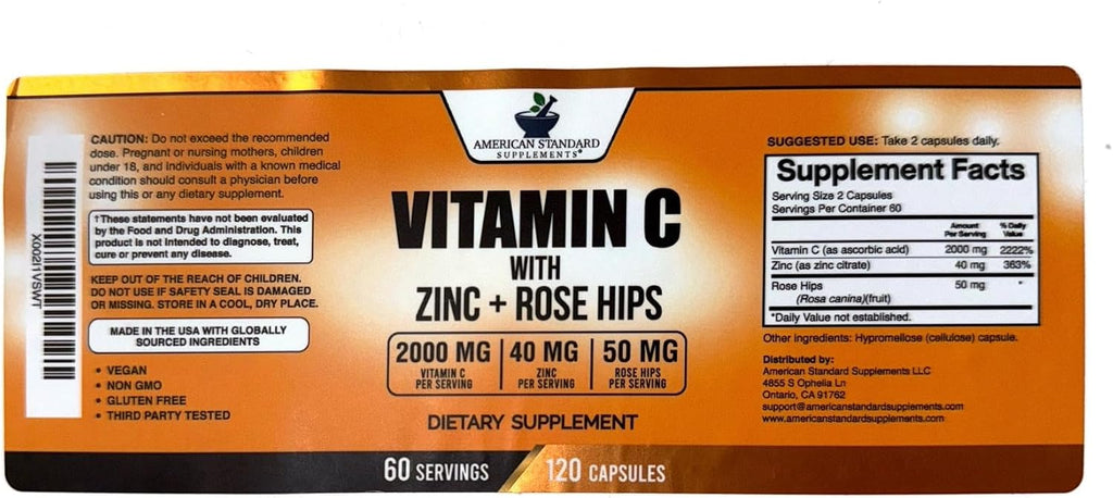 American Standard Supplements Vitamina C 2000mg con Zinc y Escaramujo - 120 Cápsulas
