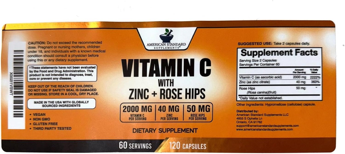 American Standard Supplements Vitamina C 2000mg con Zinc y Escaramujo - 120 Cápsulas – Image 8