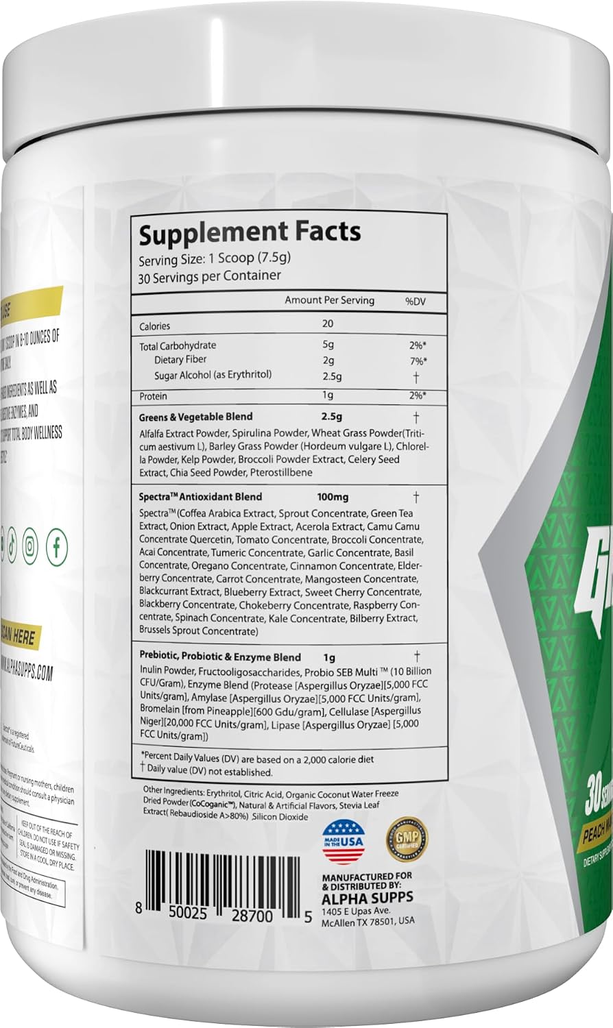 Alpha Greens - Superfood en Polvo con Frutas y Verduras, 40+ Ingredientes Naturales, Prebiótico y Probiótico, 30 Servicios (Melocotón Mango)
