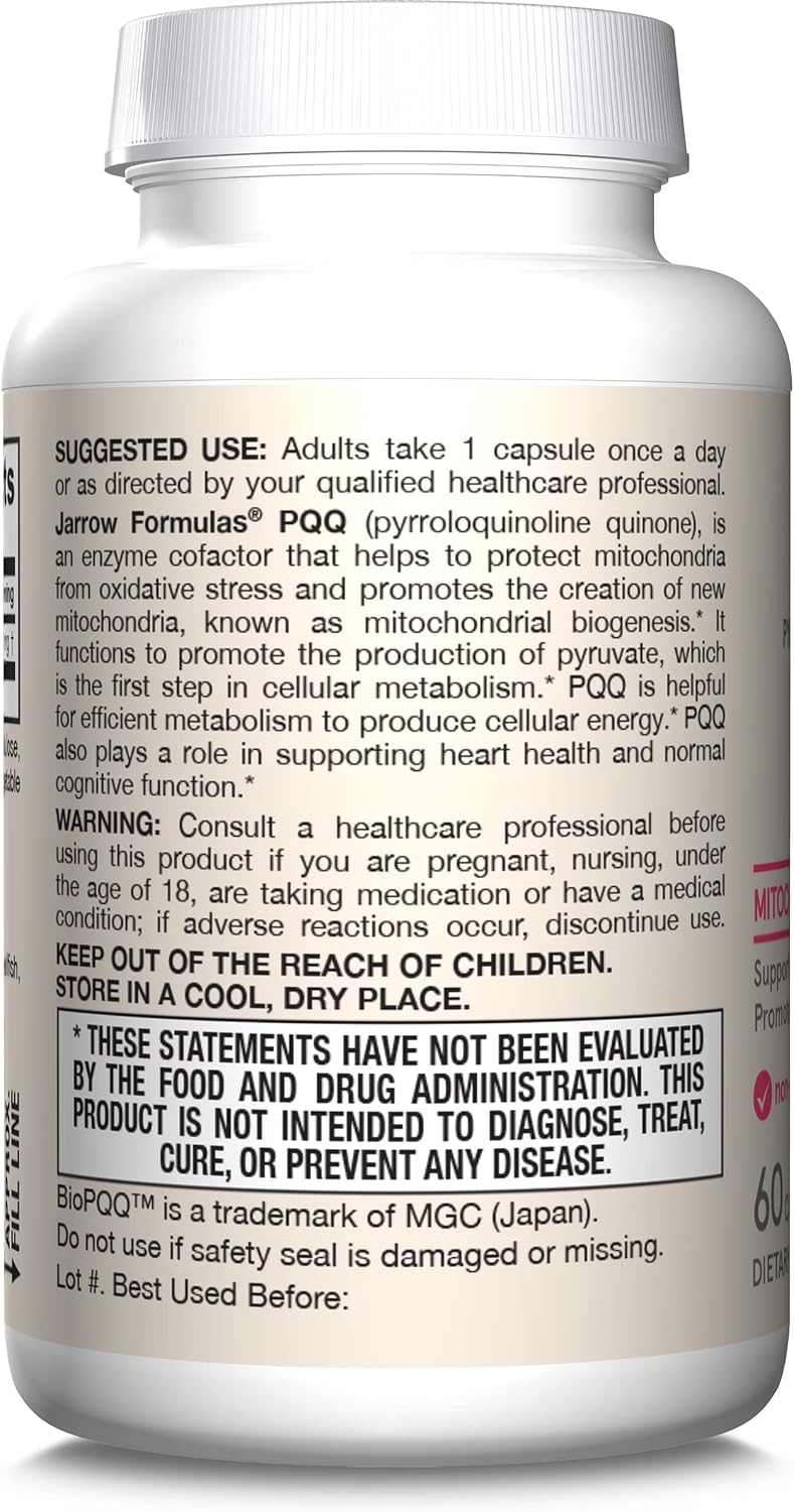 Jarrow Formulas® PQQ 20 mg, Suplemento para la Salud Mitocondrial, 60 Cápsulas Veganas