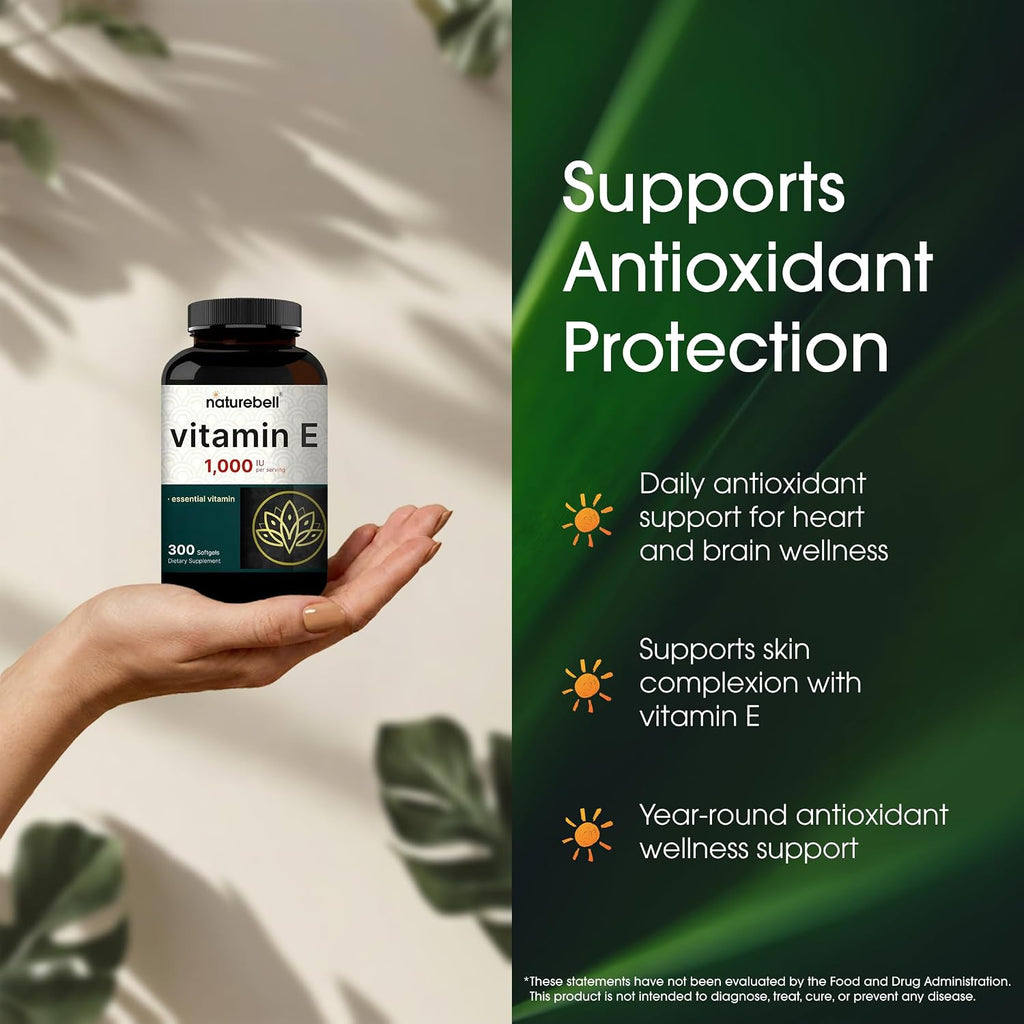 NatureBell Vitamina E 1.000 UI por dosis - 300 cápsulas blandas (suministro para 5 meses) - Complemento antioxidante probado por terceros para el cuidado de la piel, el corazón y la salud cerebral* - Alta potencia* - Sin gluten y no transgénico