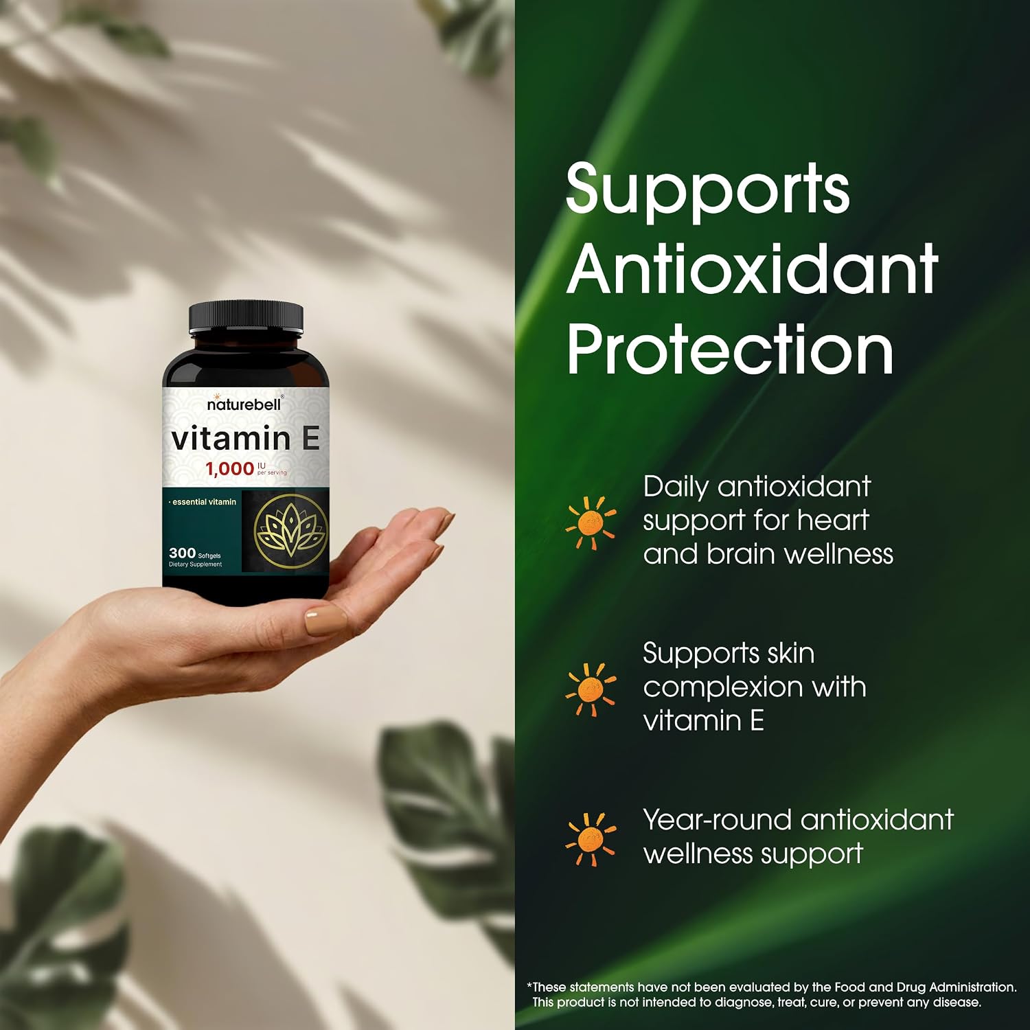 NatureBell Vitamina E 1.000 UI por dosis - 300 cápsulas blandas (suministro para 5 meses) - Complemento antioxidante probado por terceros para el cuidado de la piel, el corazón y la salud cerebral* - Alta potencia* - Sin gluten y no transgénico