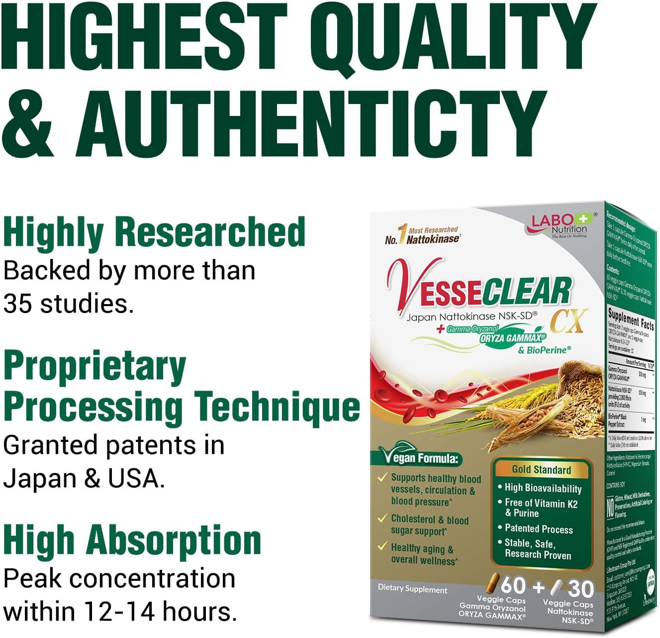 LABO Nutrition VesseCLEAR CX Nattokinase NSK-SD con Gamma Oryzanol - 90 DRcaps Veganos