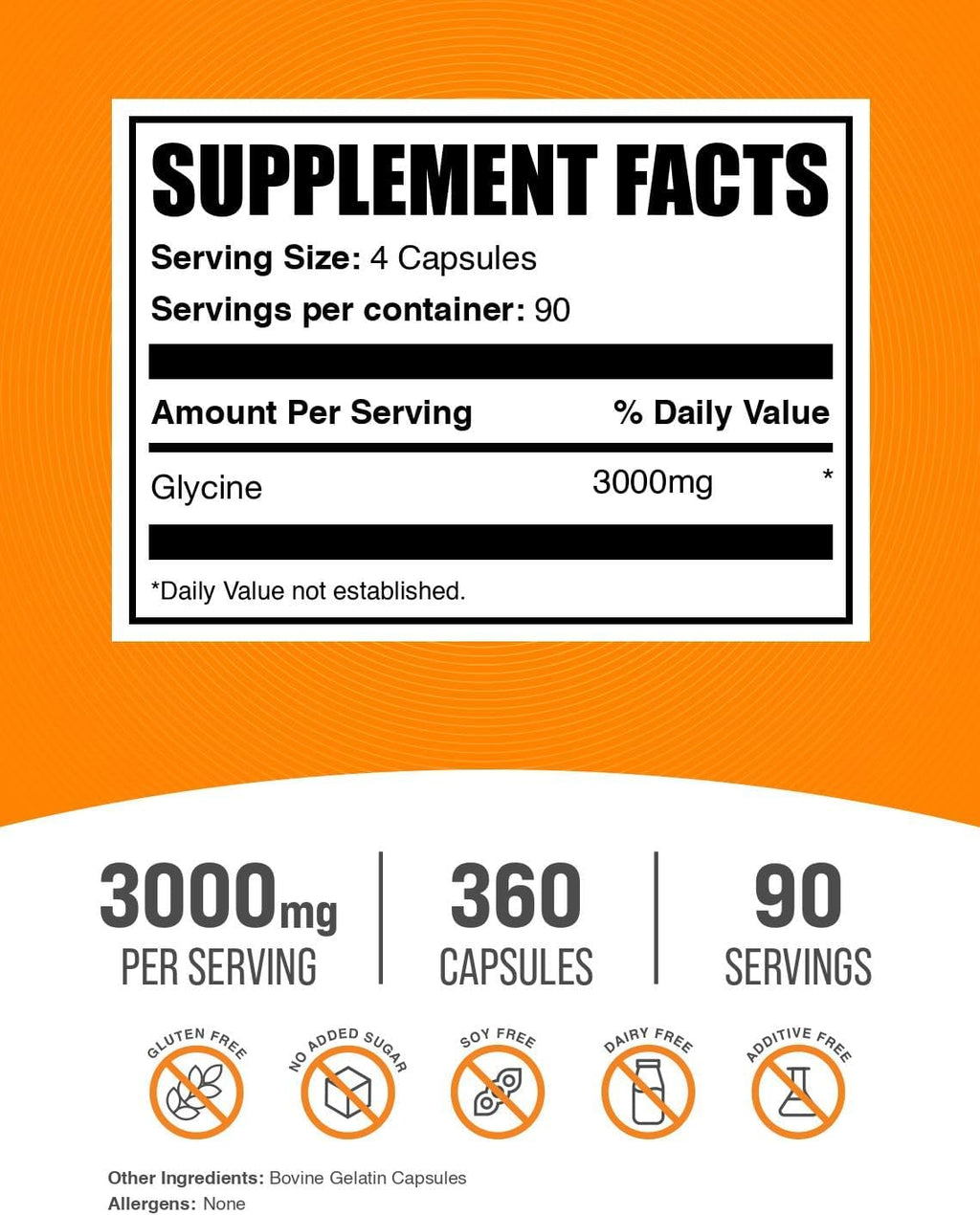 BulkSupplements.com Glicina Cápsulas - Suplemento de Aminoácido, 3000mg - Sin Gluten, 4 Cápsulas por Dosis, 360 Unidades
