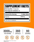 BulkSupplements.com Glicina Cápsulas - Suplemento de Aminoácido, 3000mg - Sin Gluten, 4 Cápsulas por Dosis, 360 Unidades