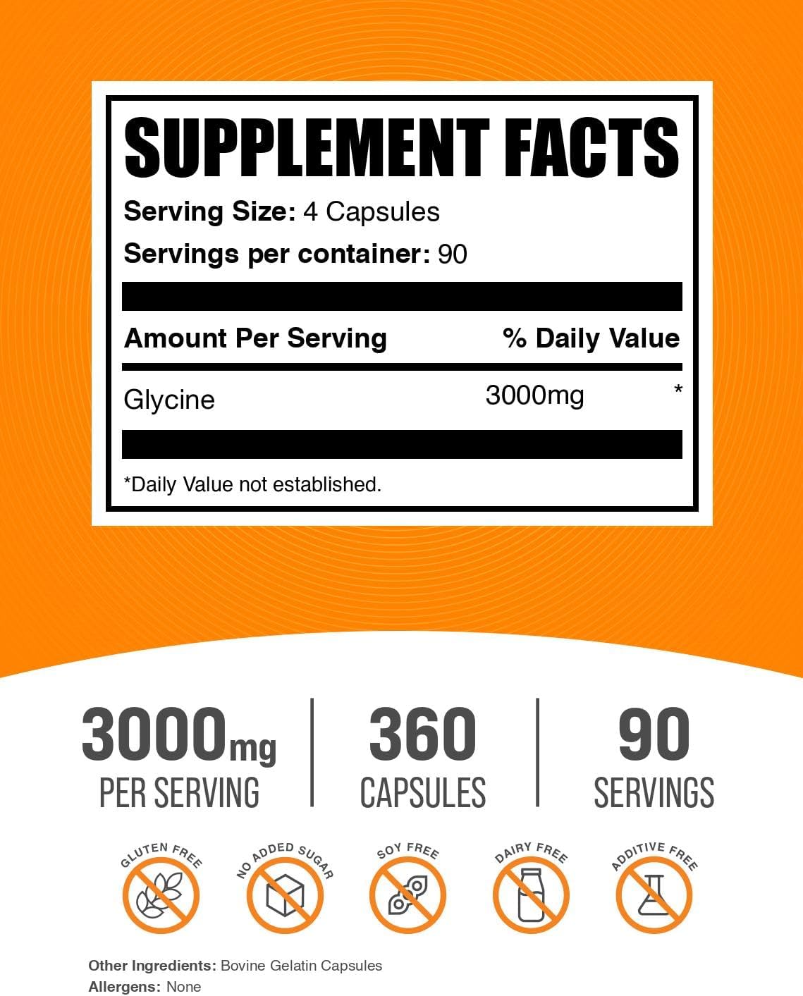 BulkSupplements.com Glicina Cápsulas - Suplemento de Aminoácido, 3000mg - Sin Gluten, 4 Cápsulas por Dosis, 360 Unidades