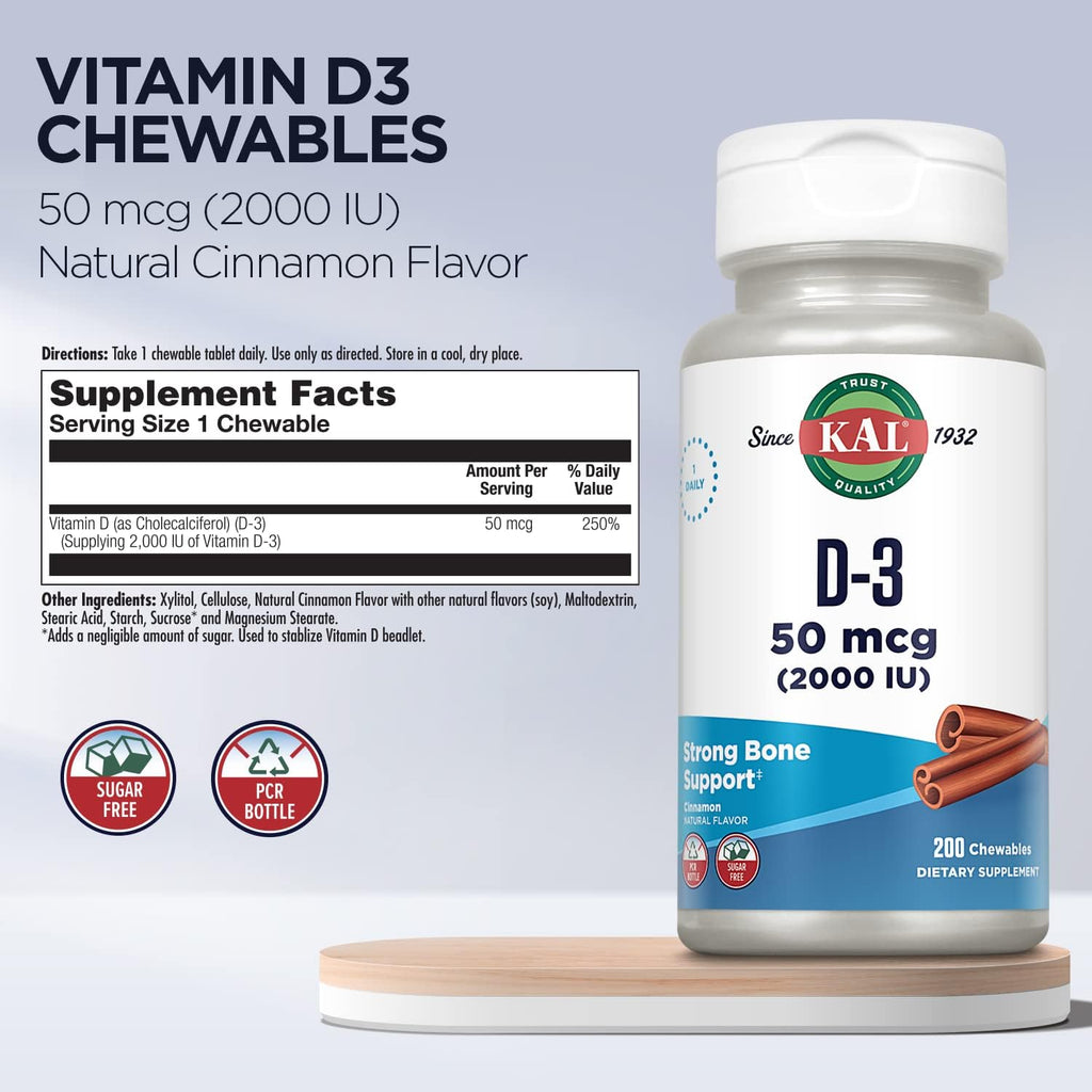 KAL Vitamina D3 Masticable 50 mcg (2000 UI), Sabor Canela Natural, Sin Azúcar, 200 Comprimidos