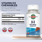 KAL Vitamina D3 Masticable 50 mcg (2000 UI), Sabor Canela Natural, Sin Azúcar, 200 Comprimidos