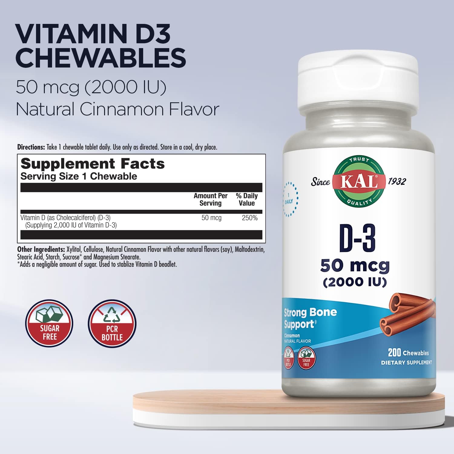 KAL Vitamina D3 Masticable 50 mcg (2000 UI), Sabor Canela Natural, Sin Azúcar, 200 Comprimidos