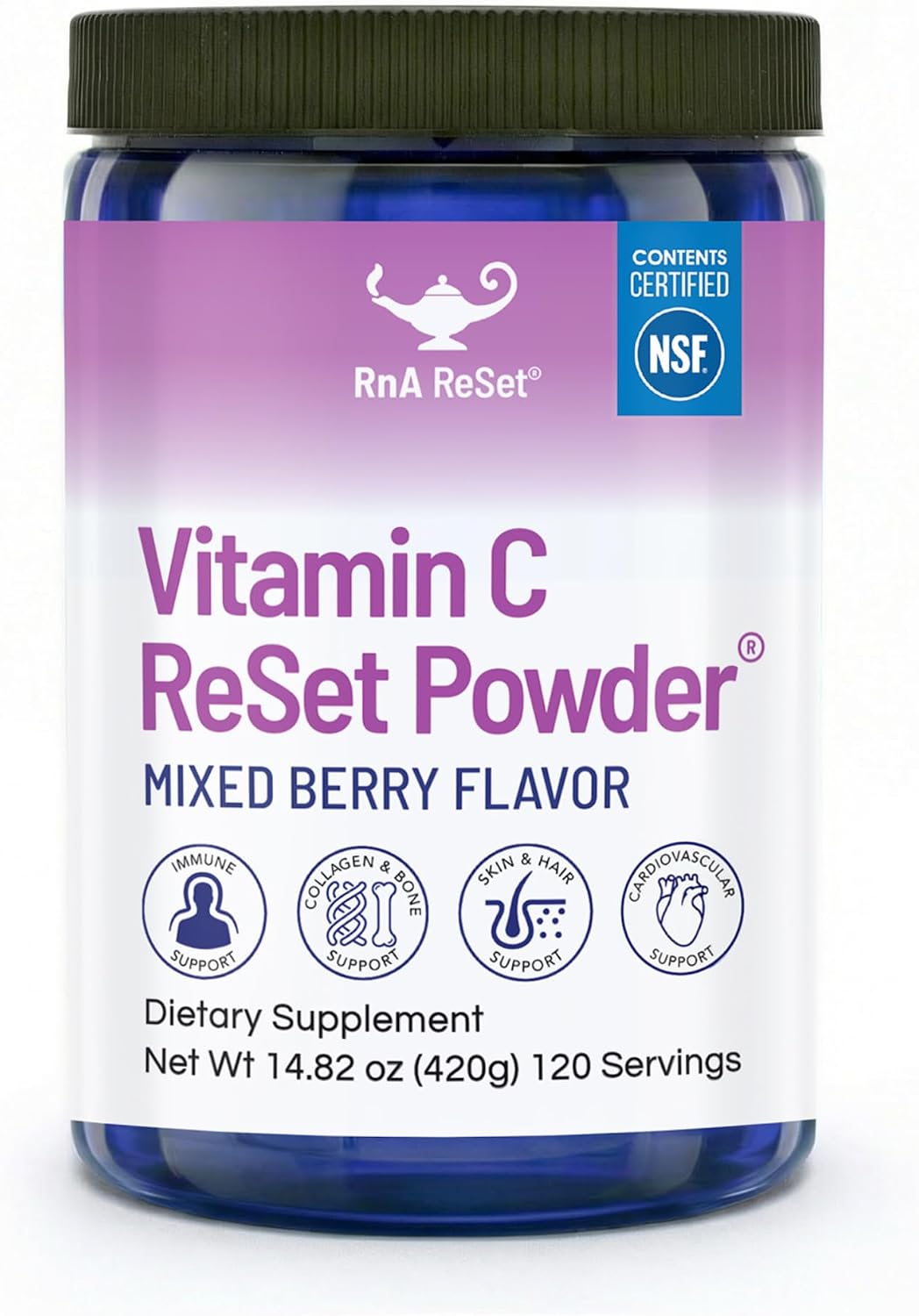 RnA ReSet Vitamin C Reset – Vitamina C en Polvo Sabor Berry con Potasio y Mezcla de Frutas, NSF Certificado, 14.81 Oz (120 Servicios)
