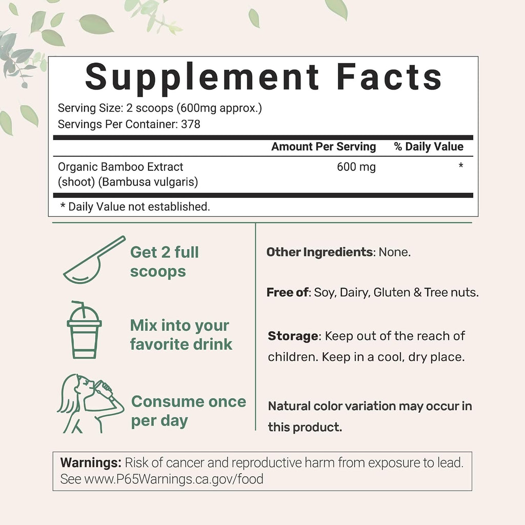 Micro Ingredients Extracto Orgánico de Bambú en Polvo, 227g (378 Raciones) | Suplemento de Silicio Vegetal