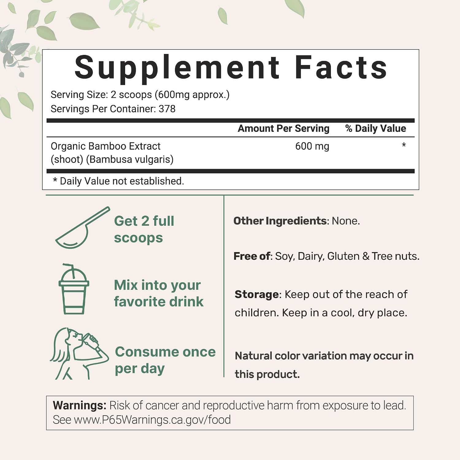 Micro Ingredients Extracto Orgánico de Bambú en Polvo, 227g (378 Raciones) | Suplemento de Silicio Vegetal