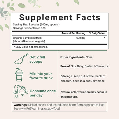 Micro Ingredients Extracto Orgánico de Bambú en Polvo, 227g (378 Raciones) | Suplemento de Silicio Vegetal – Image 3