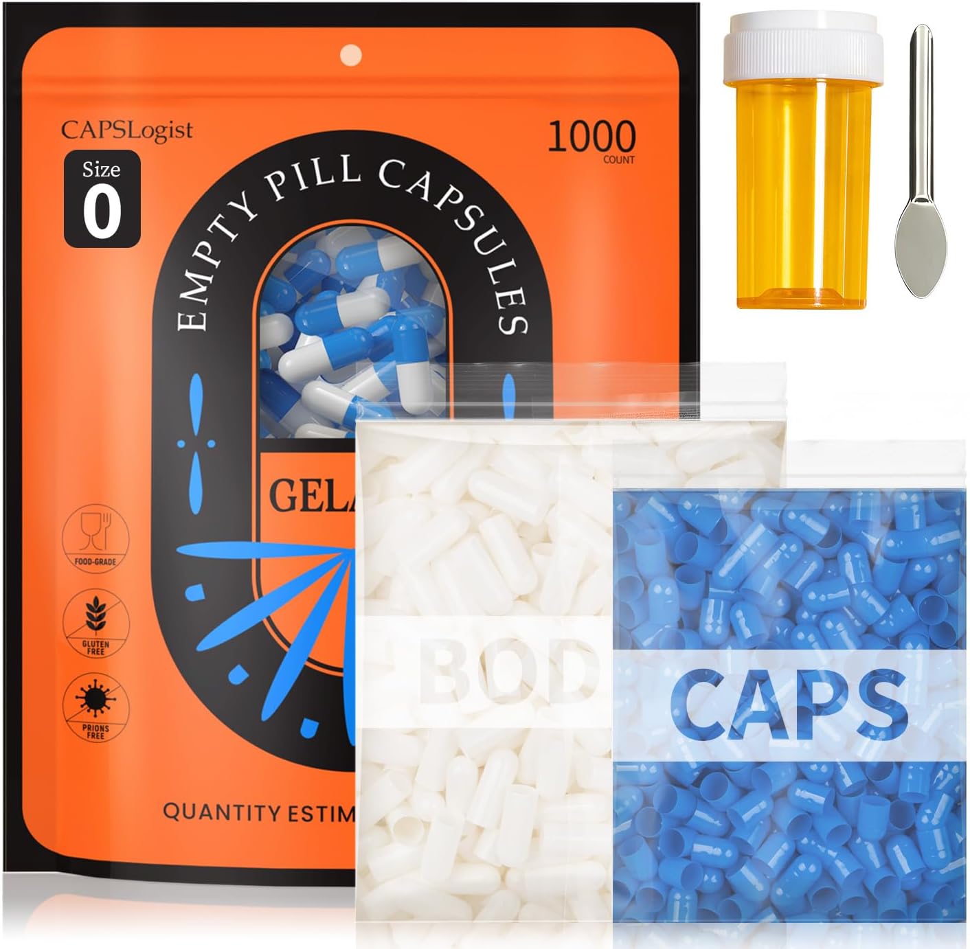 Cápsulas vacías de gelatina tamaño 0 - 1000 unidades - Azul/Blanco - CAPSLogist