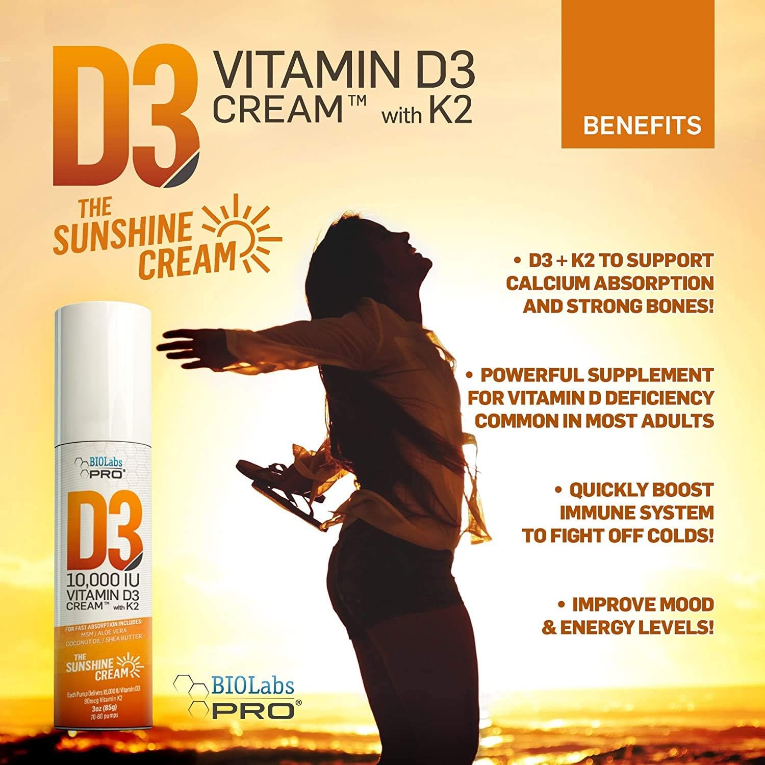 BIOLABS PRO Vitamin D3 10,000 UI Cream with K2 and Olive Oil - 85 g