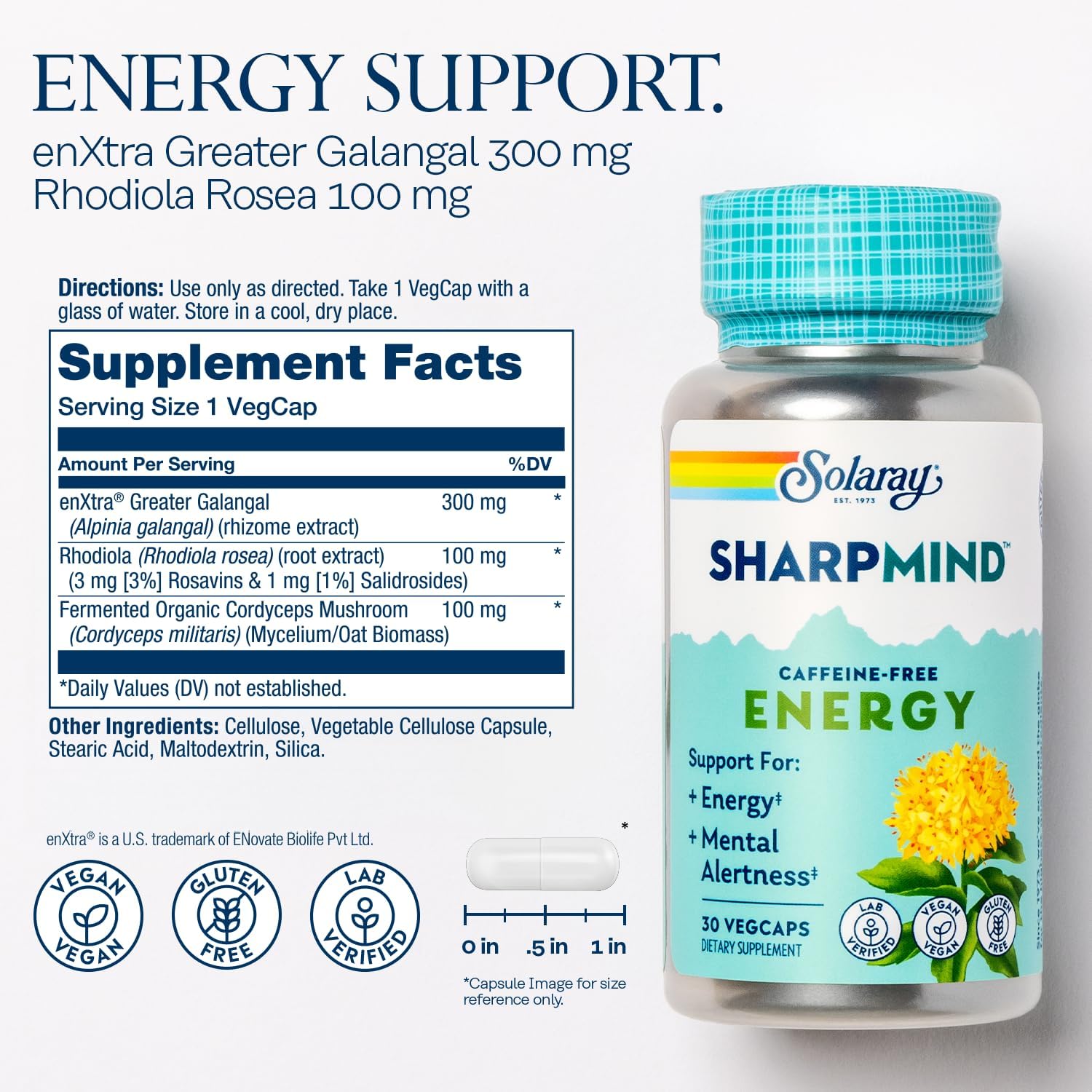 SOLARAY SharpMind Energy - Potenciador de Energía y Concentración, 30 Cápsulas Vegetales