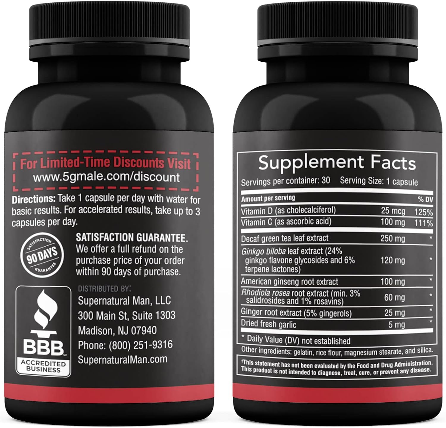 Supernatural Man 5G Male – Suplemento Natural para Hombres con Ginseng, Ajo, Ginkgo, Jengibre y Vitamina D – 30 Cápsulas