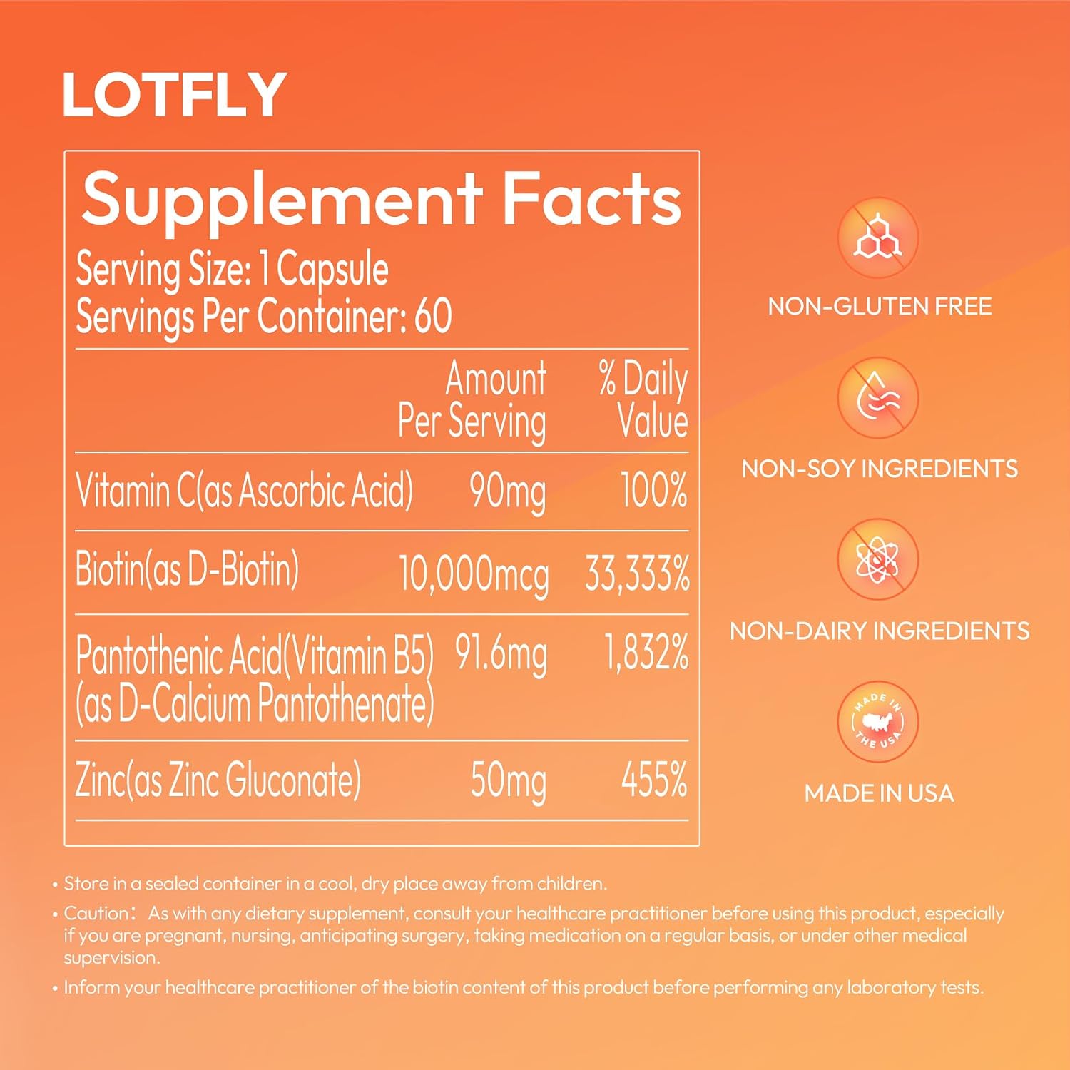 LOTFLY Biotina 10000 mcg con Zinc, Vitamina C y Pantotenato Cálcico – 60 Cápsulas Veganas (2 Meses)