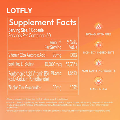 LOTFLY Biotina 10000 mcg con Zinc, Vitamina C y Pantotenato Cálcico – 60 Cápsulas Veganas (2 Meses) – Image 4
