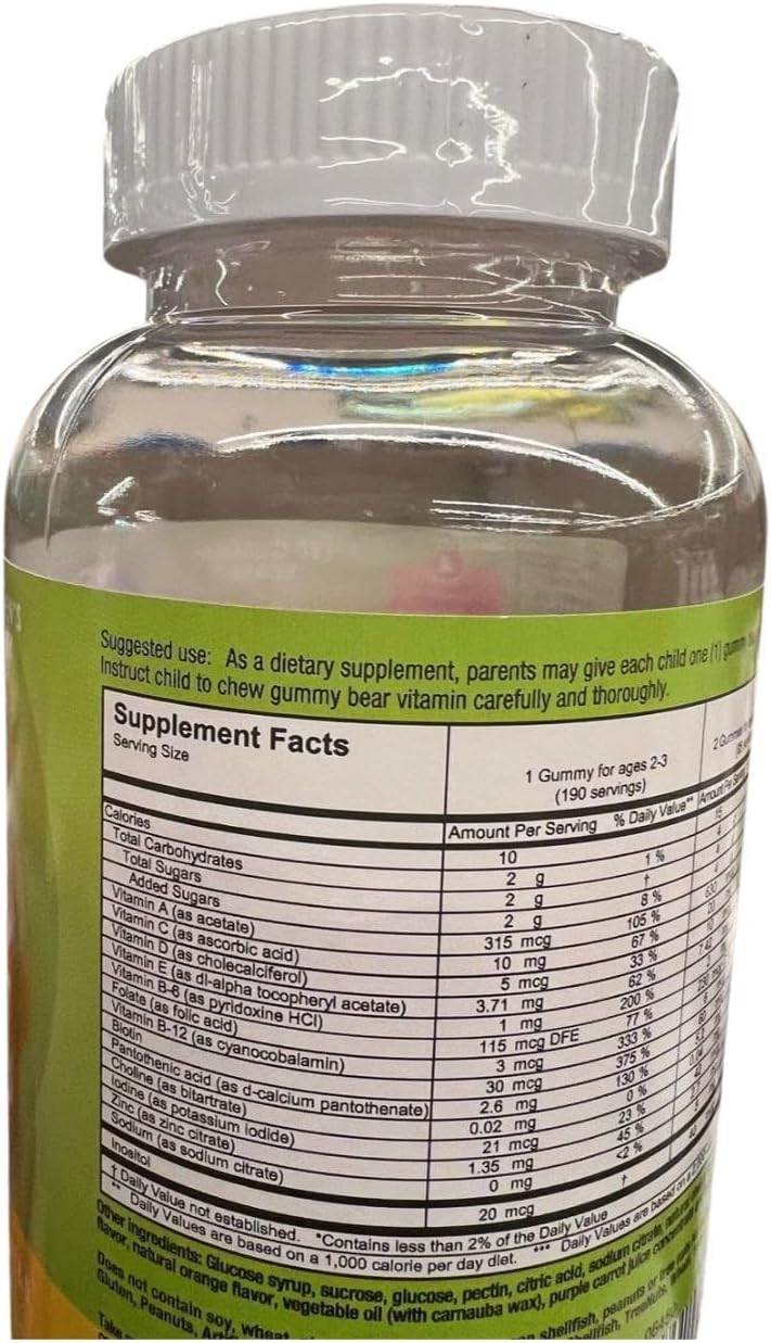 Gominolas Multivitamínicas Infantiles, Fórmula Completa de Vitaminas y Minerales, Sabores Naturales Cereza, Baya y Cítricos, 190 Gominolas, Sin Gluten