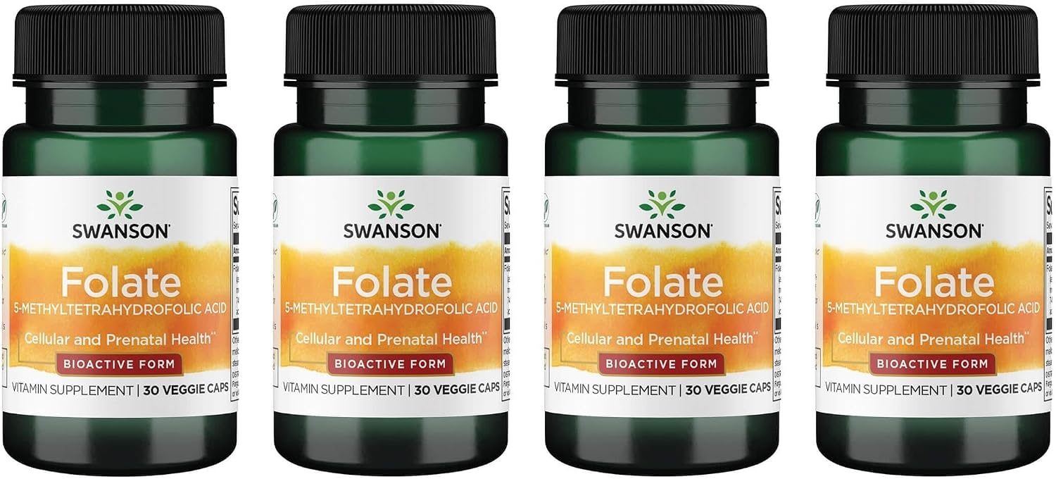 Swanson Folato (Ácido 5-Metiltetrahidrofólico) 400 mcg 30 Cápsulas Veganas (Paquete de 4)