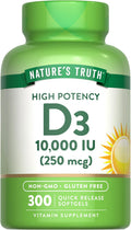 Nature's Truth Vitamina D3 10000 UI Cápsulas Blandas | 300 Unidades | Alta Concentración | No-GMO y Sin Gluten
