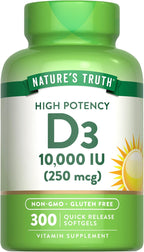 Nature's Truth Vitamina D3 10000 UI Cápsulas Blandas | 300 Unidades | Alta Concentración | No-GMO y Sin Gluten