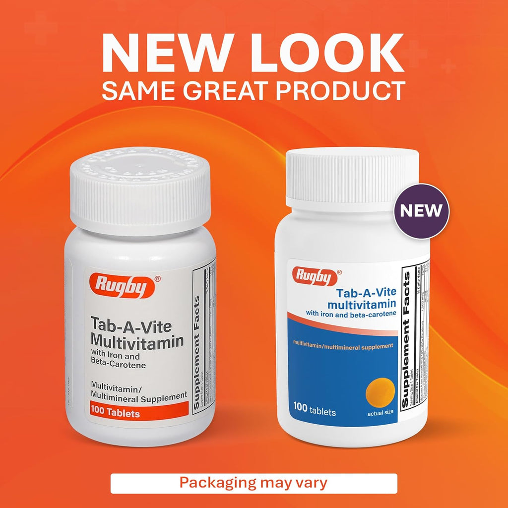 Rugby Tab-A-Vite Multivitamin con Hierro y Betacaroteno - Multivitamínico Diario para Adultos, Apoya la Salud General, Suplemento Multimineral - 100 Comprimidos
