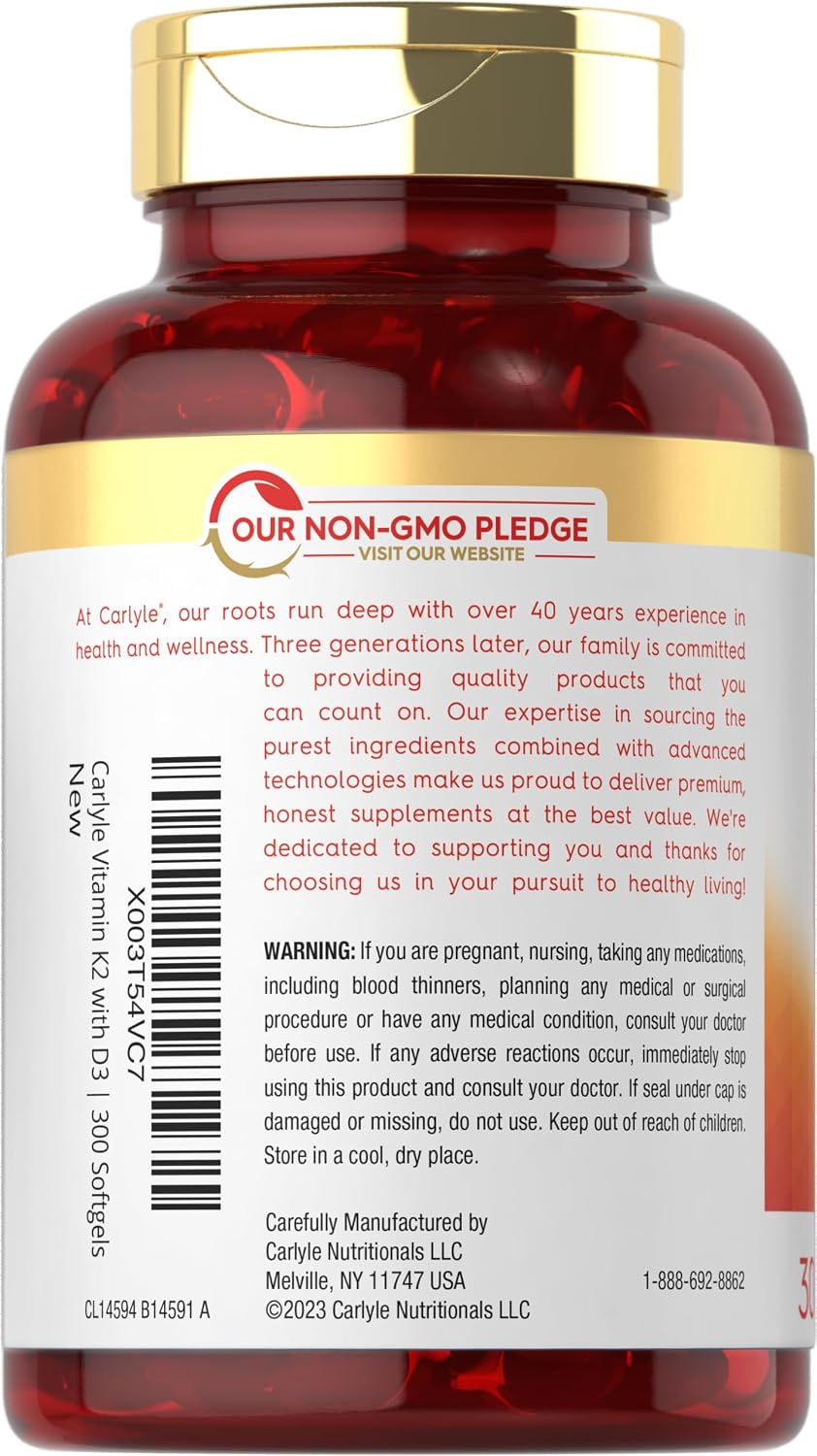 Carlyle Vitamina K2 D3 | 300 Cápsulas Blandas | 200 mcg K2 MK7 y 10,000 UI D3 | Sin Gluten, No-GMO