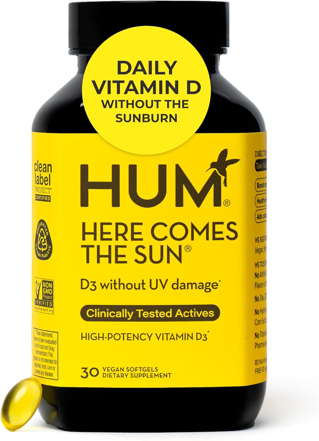 HUM Here Comes The Sun - Vitamina D3 Vegana 2000 IU, 30 Cápsulas