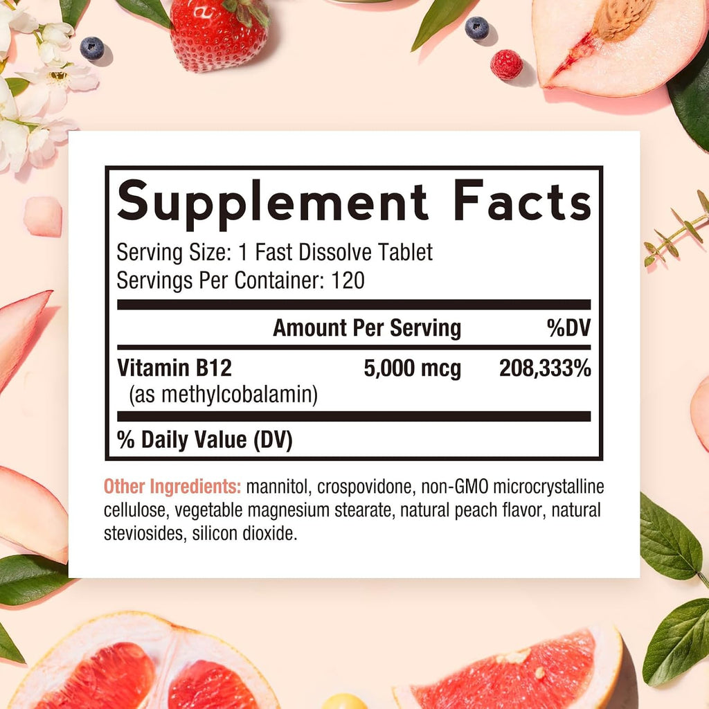 Doctor's Recipes Vitamina B12 Sublingual, Metilcobalamina 5000 mcg, 120 Comprimidos de Disolución Rápida, Sabor Natural a Melocotón, Vegano