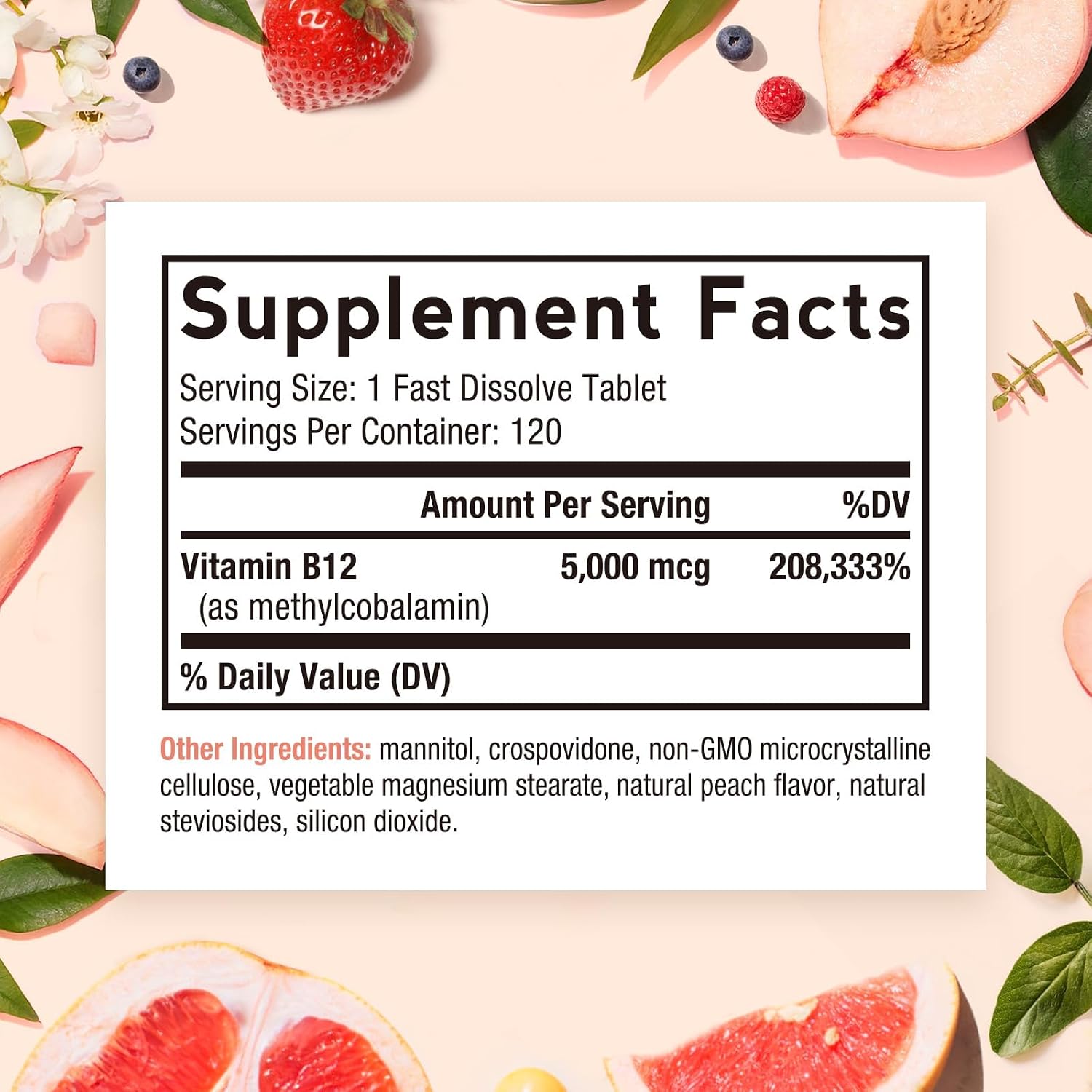 Doctor's Recipes Vitamina B12 Sublingual, Metilcobalamina 5000 mcg, 120 Comprimidos de Disolución Rápida, Sabor Natural a Melocotón, Vegano
