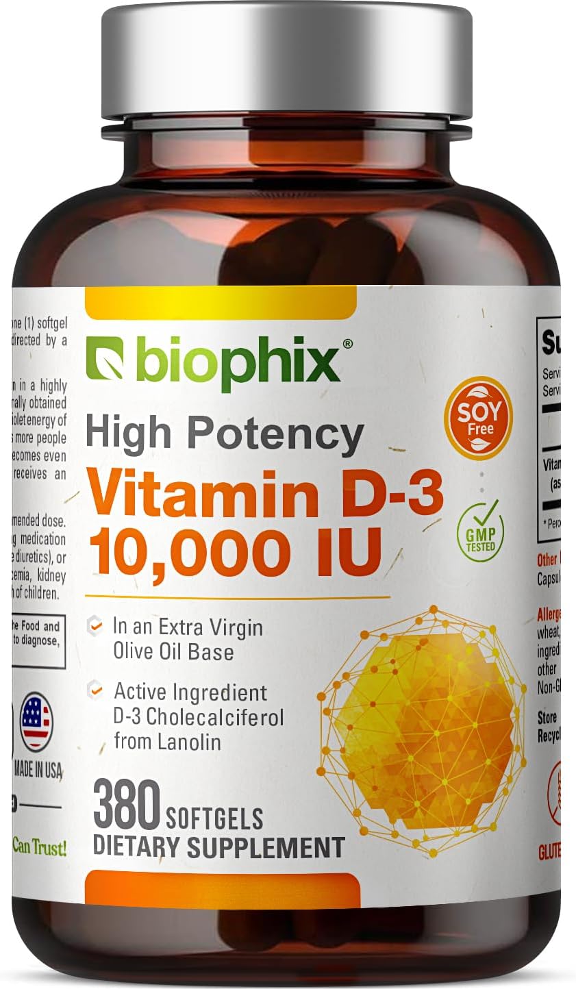 biophix Vitamin D3 10000 IU 380 Softgels - High Potency with Extra Virgin Olive Oil, Non-GMO, Soy-Free
