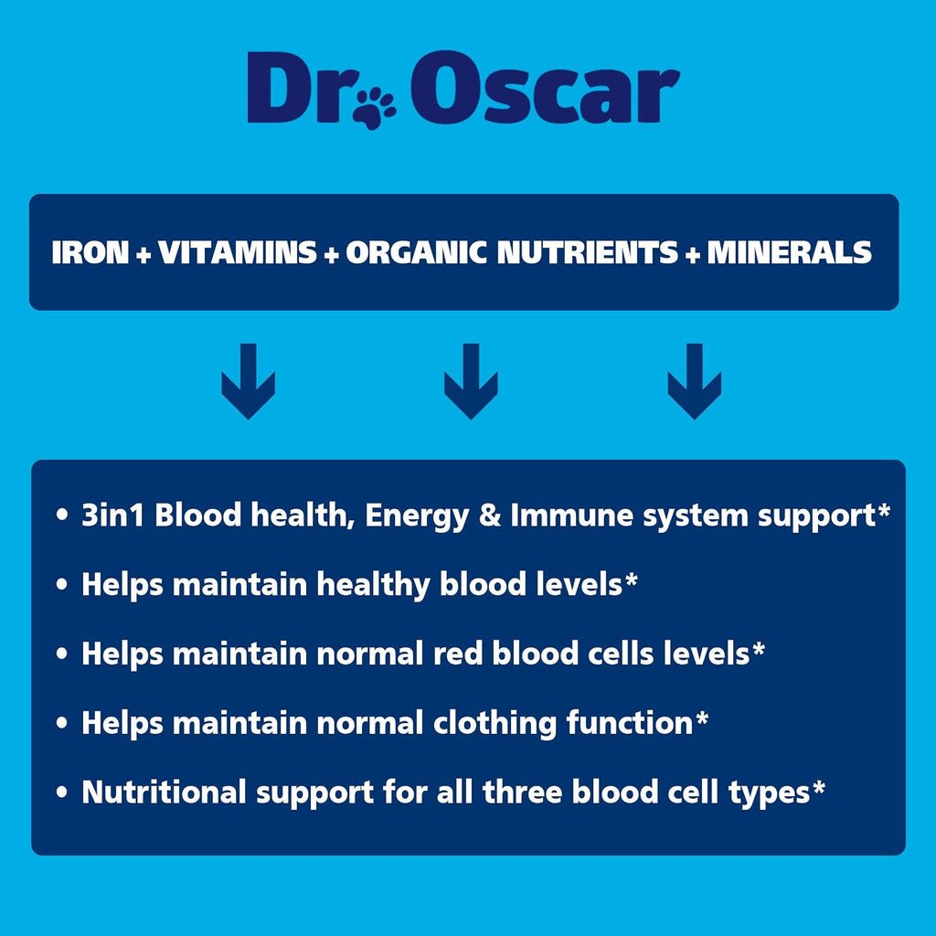 Dr. Oscar Blood Aid 3 en 1 - Suplemento de Hierro para Perros, Apoya la Salud Sanguínea, Inmunidad y Energía, 120 Comprimidos