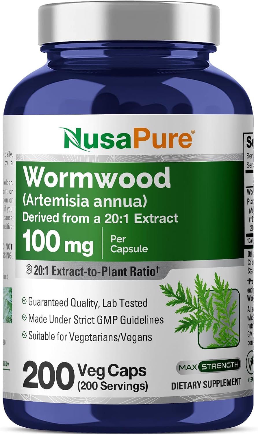 NusaPure Cápsulas de Artemisa, 100 mg, 200 Cápsulas Veganas (No OGM, Vegano)