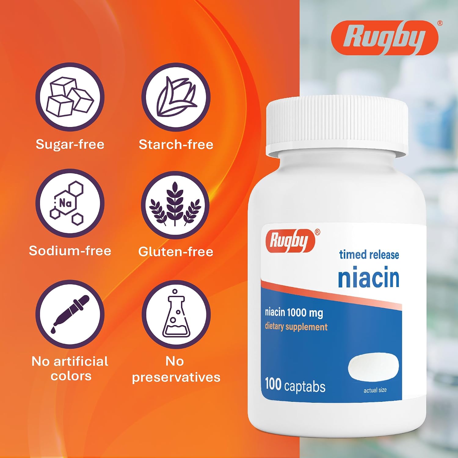 Rugby Timed-Release Niacin 1000mg, 100 Comprimidos