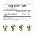 DEAL SUPPLEMENT Vitamina D3 10,000 UI + K2 MK7 200 mcg, 250 Cápsulas Blandas