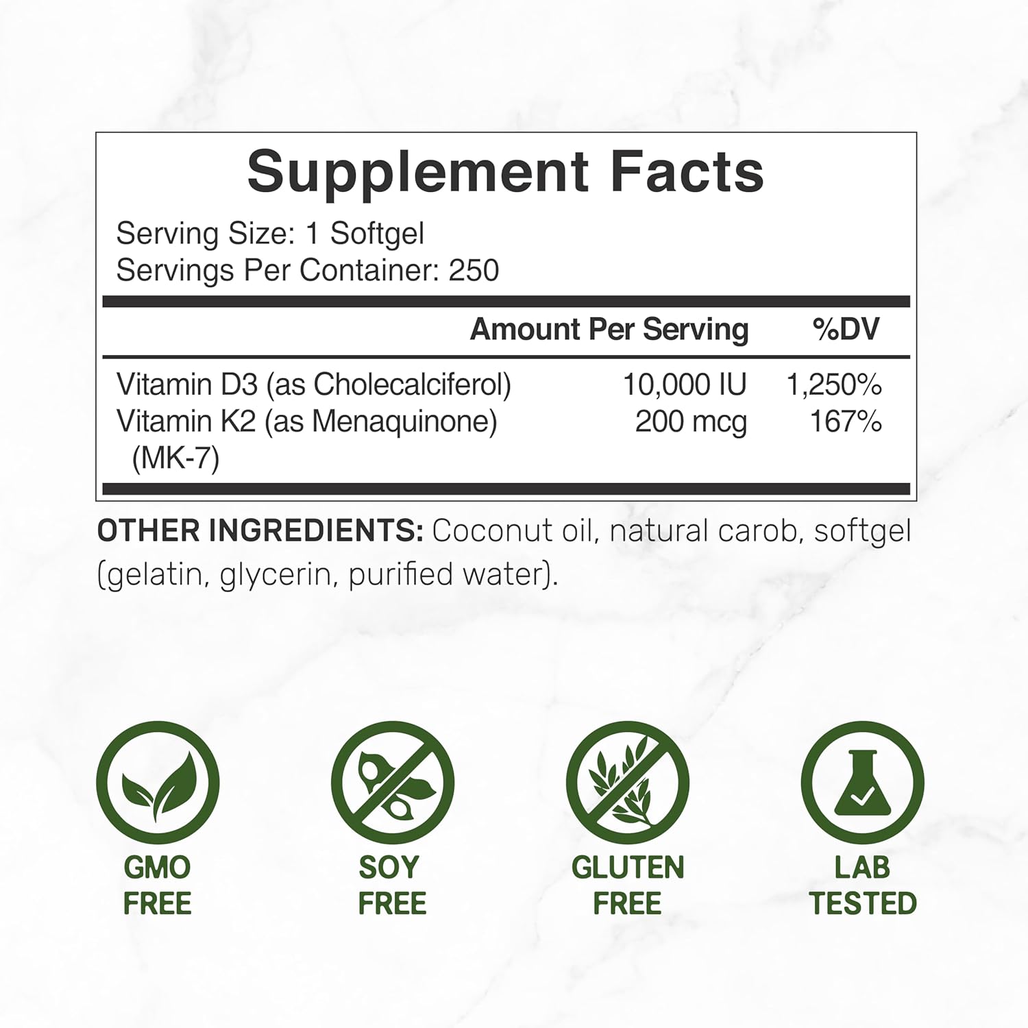 DEAL SUPPLEMENT Vitamina D3 10,000 UI + K2 MK7 200 mcg, 250 Cápsulas Blandas