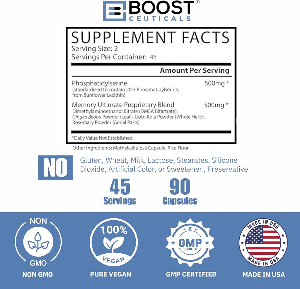 BoostCeuticals Phosphatidylserine 100mg with Ginkgo, DMAE and Gotu Kola - Memory, Stress and Cognitive Focus Support (90 Capsules)