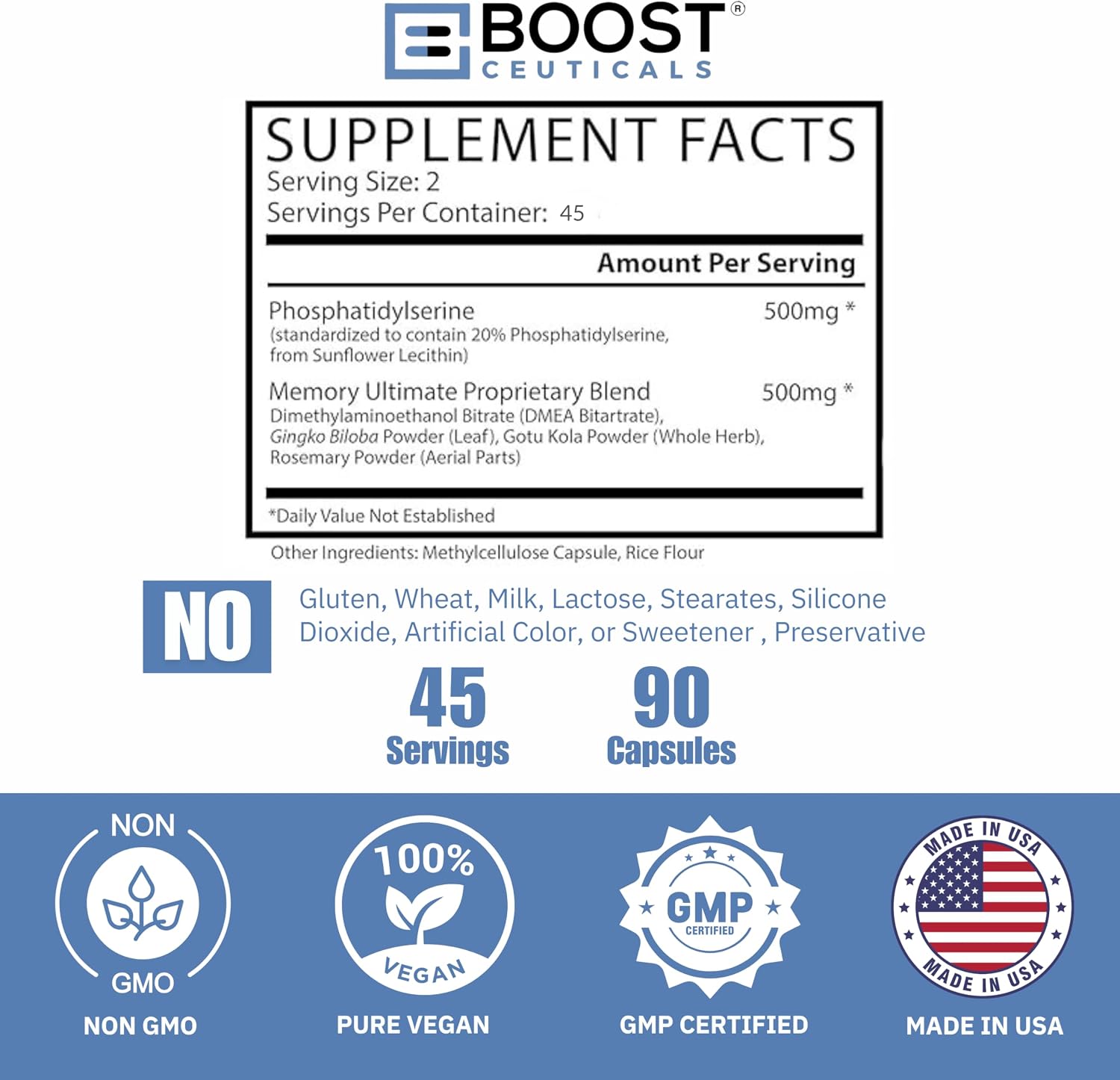 BoostCeuticals Phosphatidylserine 100mg with Ginkgo, DMAE and Gotu Kola - Memory, Stress and Cognitive Focus Support (90 Capsules)